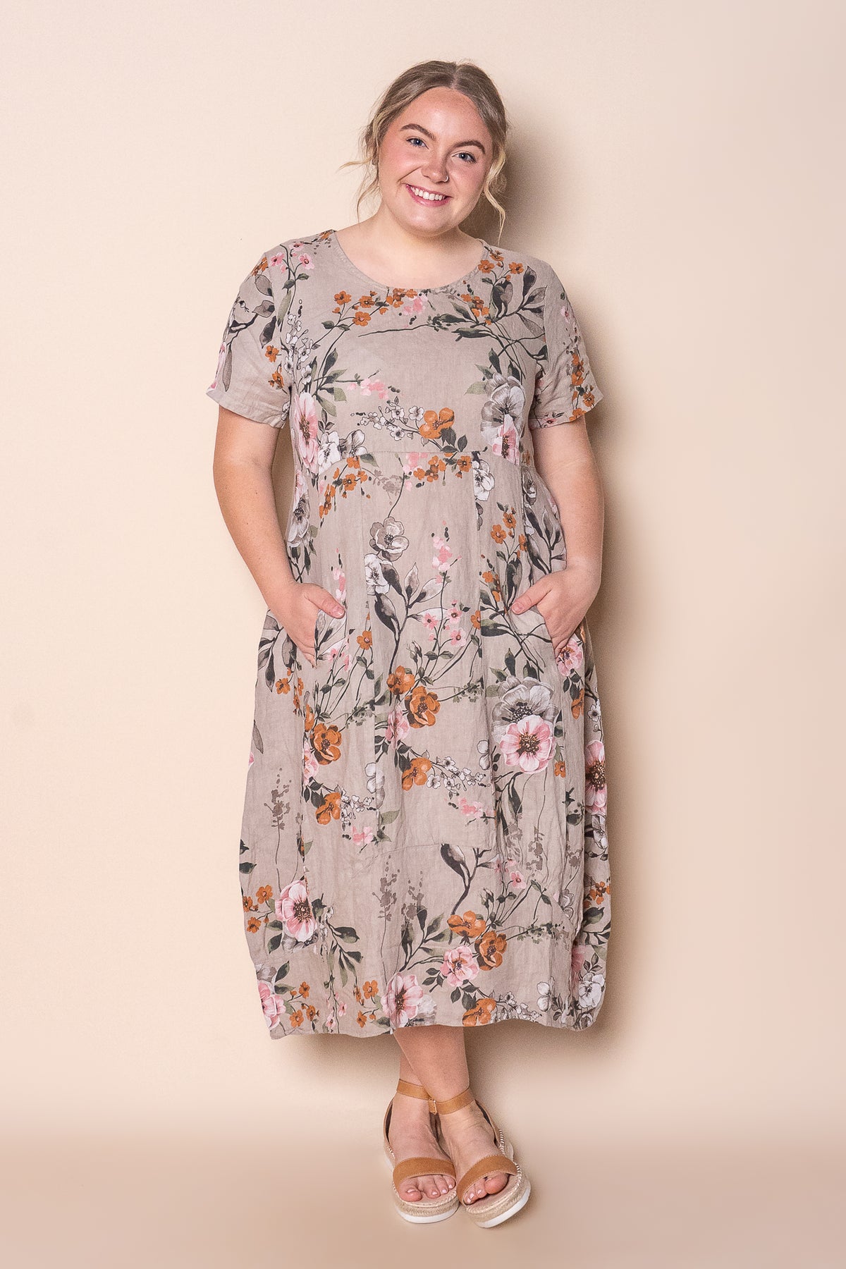 Violet Linen Floral Dress in Taupe