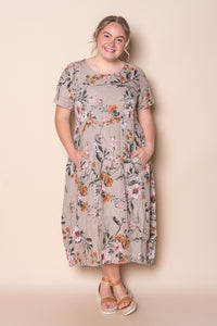 Violet Linen Floral Dress in Taupe