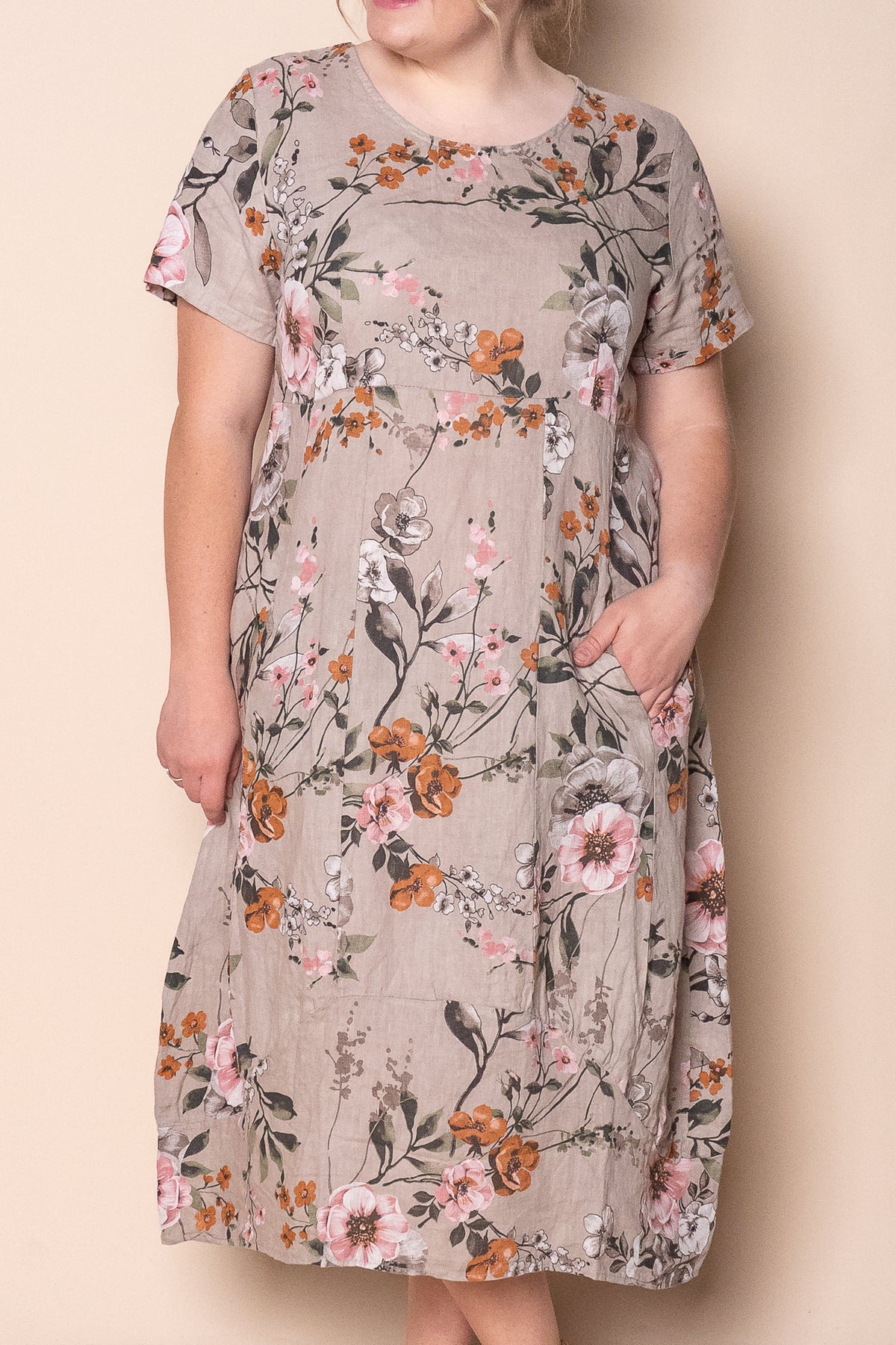 Violet Linen Floral Dress in Taupe