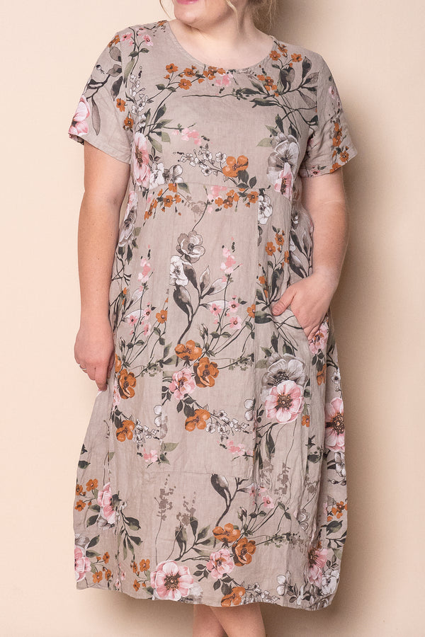 Violet Linen Floral Dress in Taupe