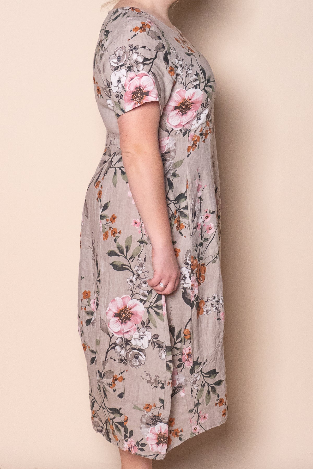 Violet Linen Floral Dress in Taupe