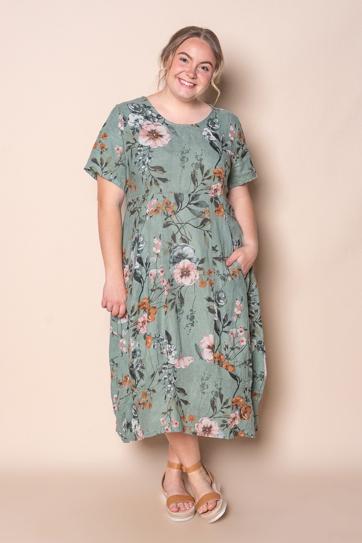Violet Linen Floral Dress in Dark Sage