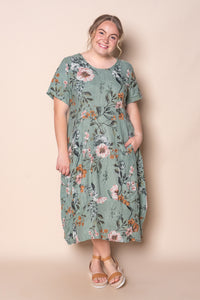 Violet Linen Floral Dress in Dark Sage