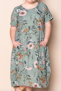 Violet Linen Floral Dress in Dark Sage