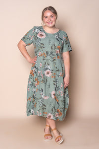 Violet Linen Floral Dress in Dark Sage