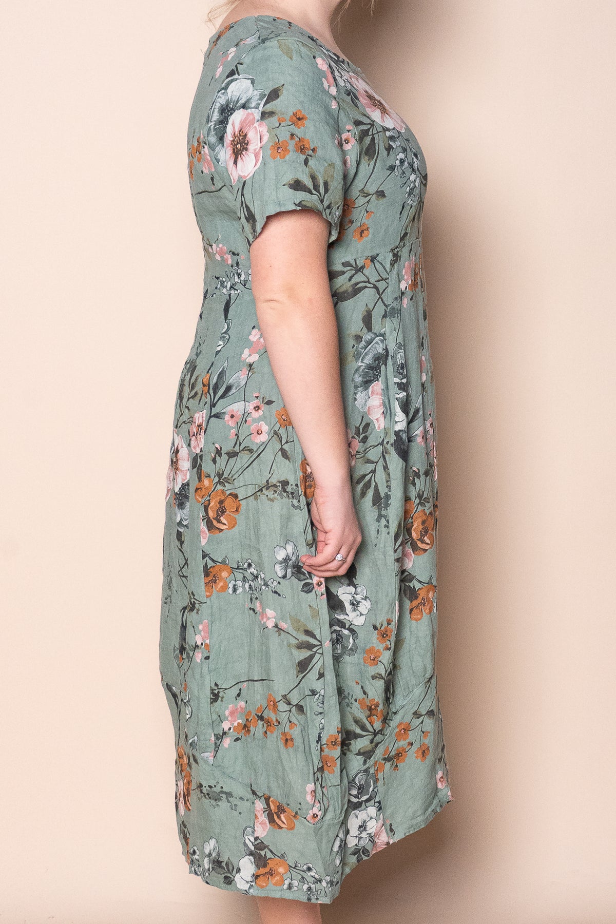Violet Linen Floral Dress in Dark Sage