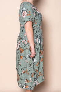 Violet Linen Floral Dress in Dark Sage