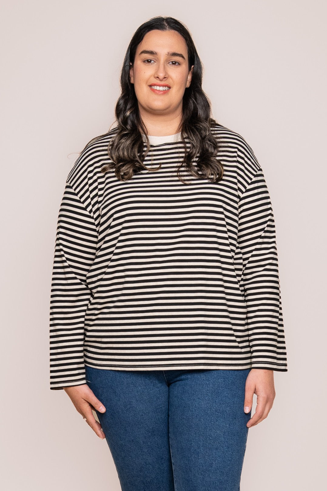 Dolcie L/S Stripe Tee in Black/Beige Marle