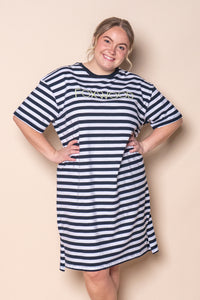 Simplified Stripe Tee Dress in Navy & White Stripe - Foxwood