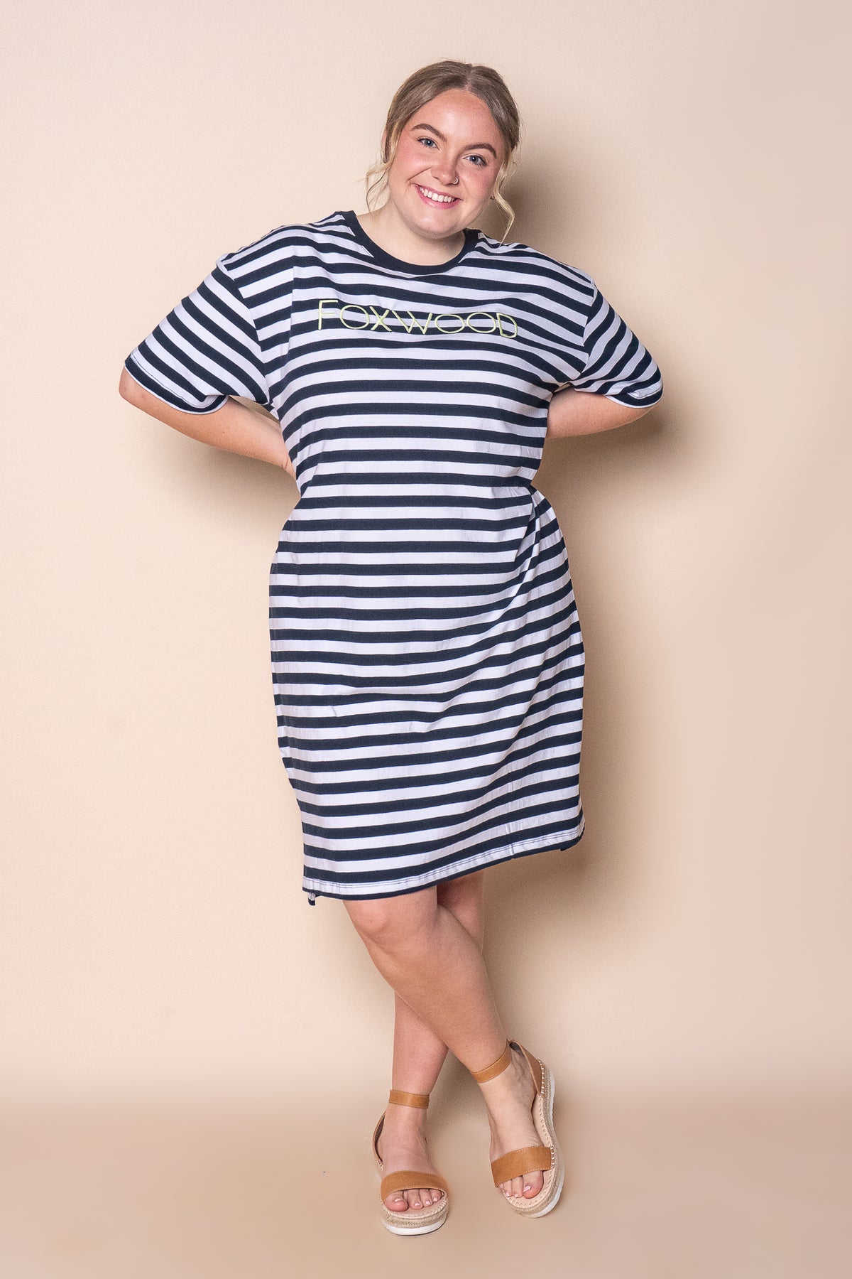 Simplified Stripe Tee Dress in Navy & White Stripe - Foxwood