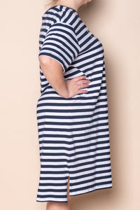 Simplified Stripe Tee Dress in Navy & White Stripe - Foxwood