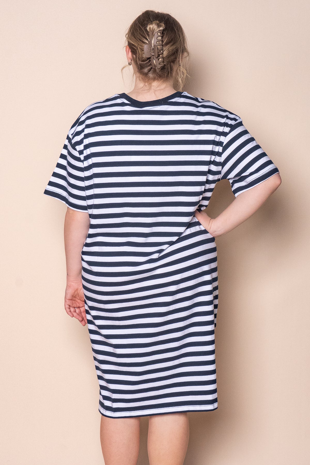 Simplified Stripe Tee Dress in Navy & White Stripe - Foxwood
