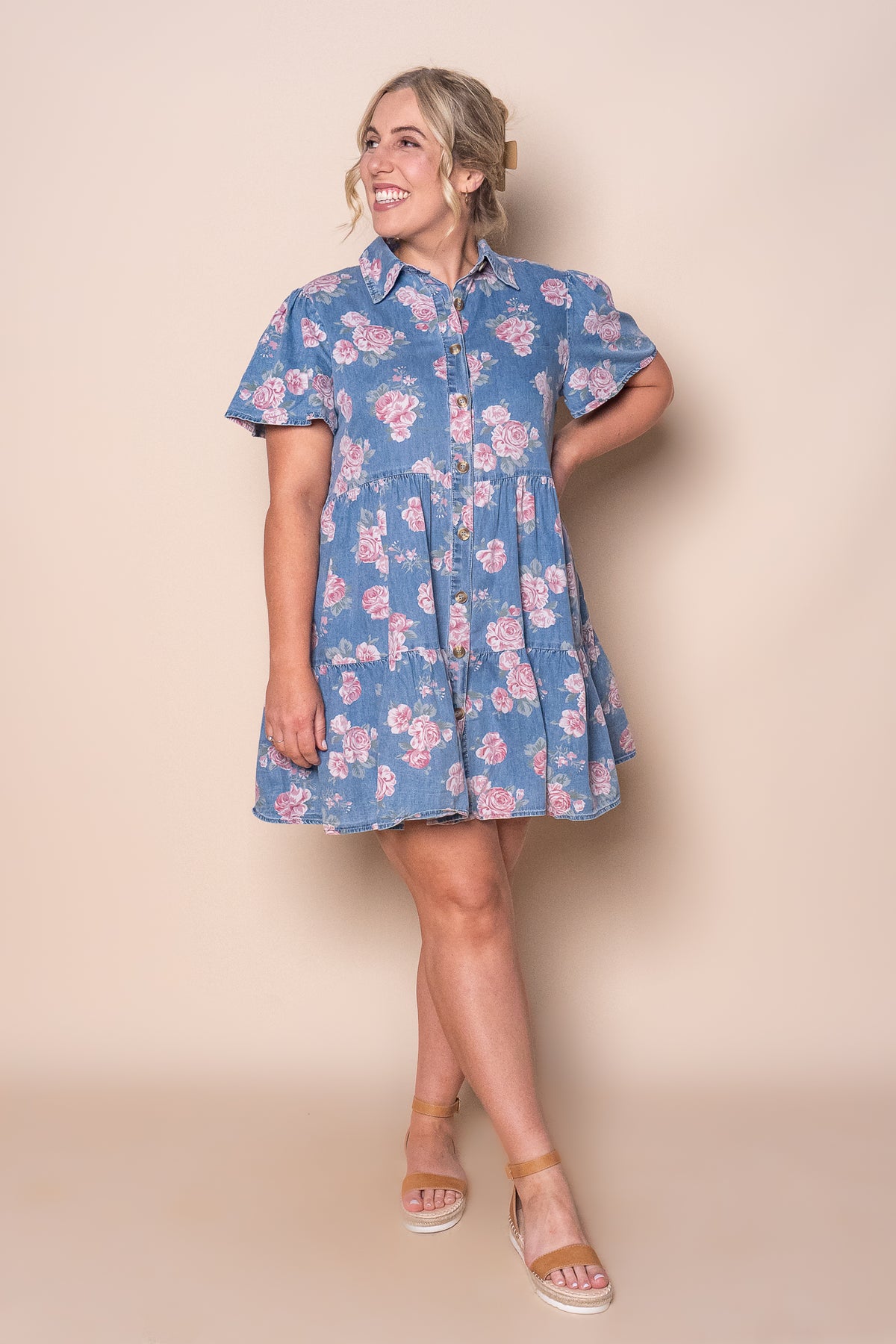 Haddy Floral Tiered Dress in Mid Blue