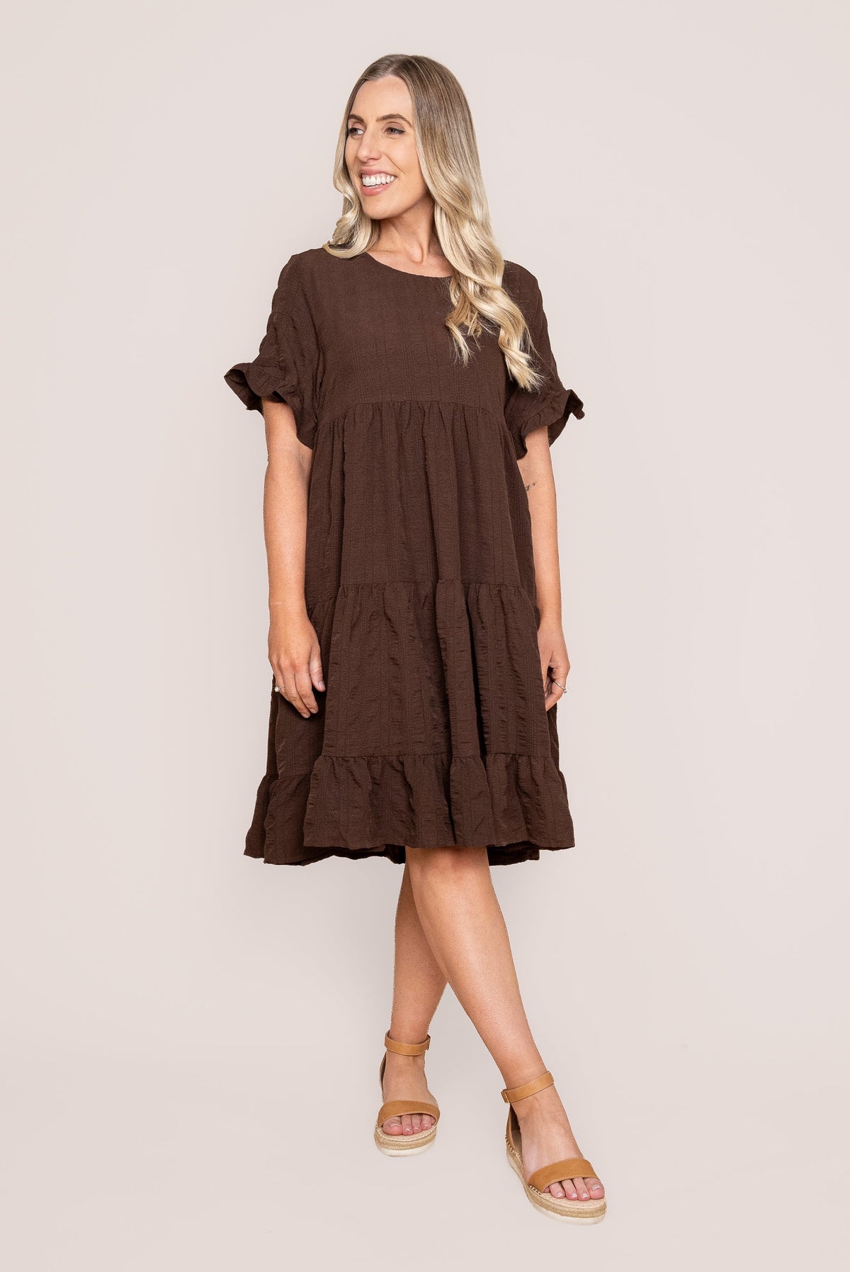 Mylène Tiered Stretch Dress in Chocolate