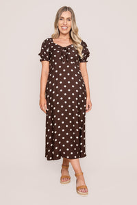 Sonnia Polka Dot Midi Dress in Chocolate