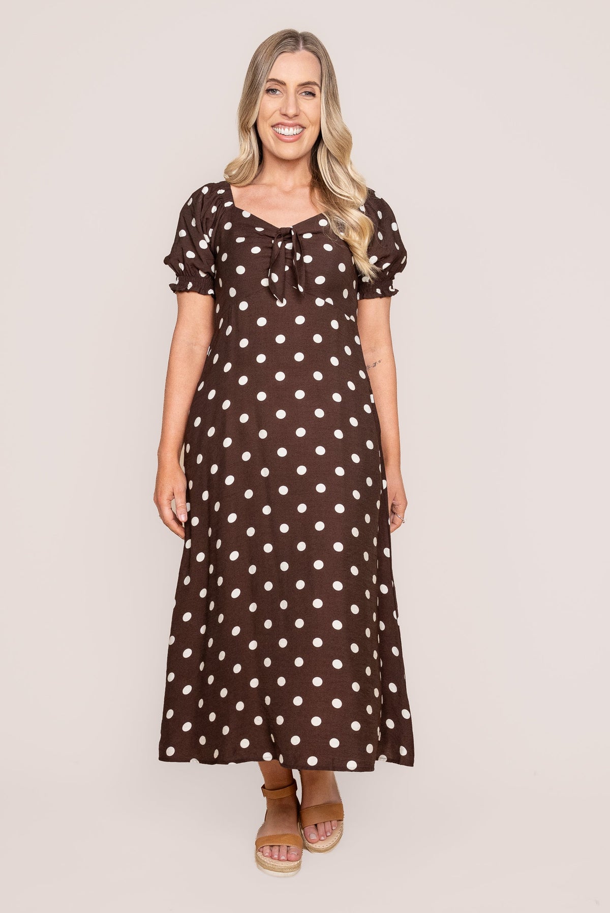 Sonnia Polka Dot Midi Dress in Chocolate