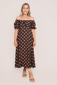 Sonnia Polka Dot Midi Dress in Chocolate