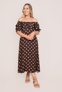 Sonnia Polka Dot Midi Dress in Chocolate