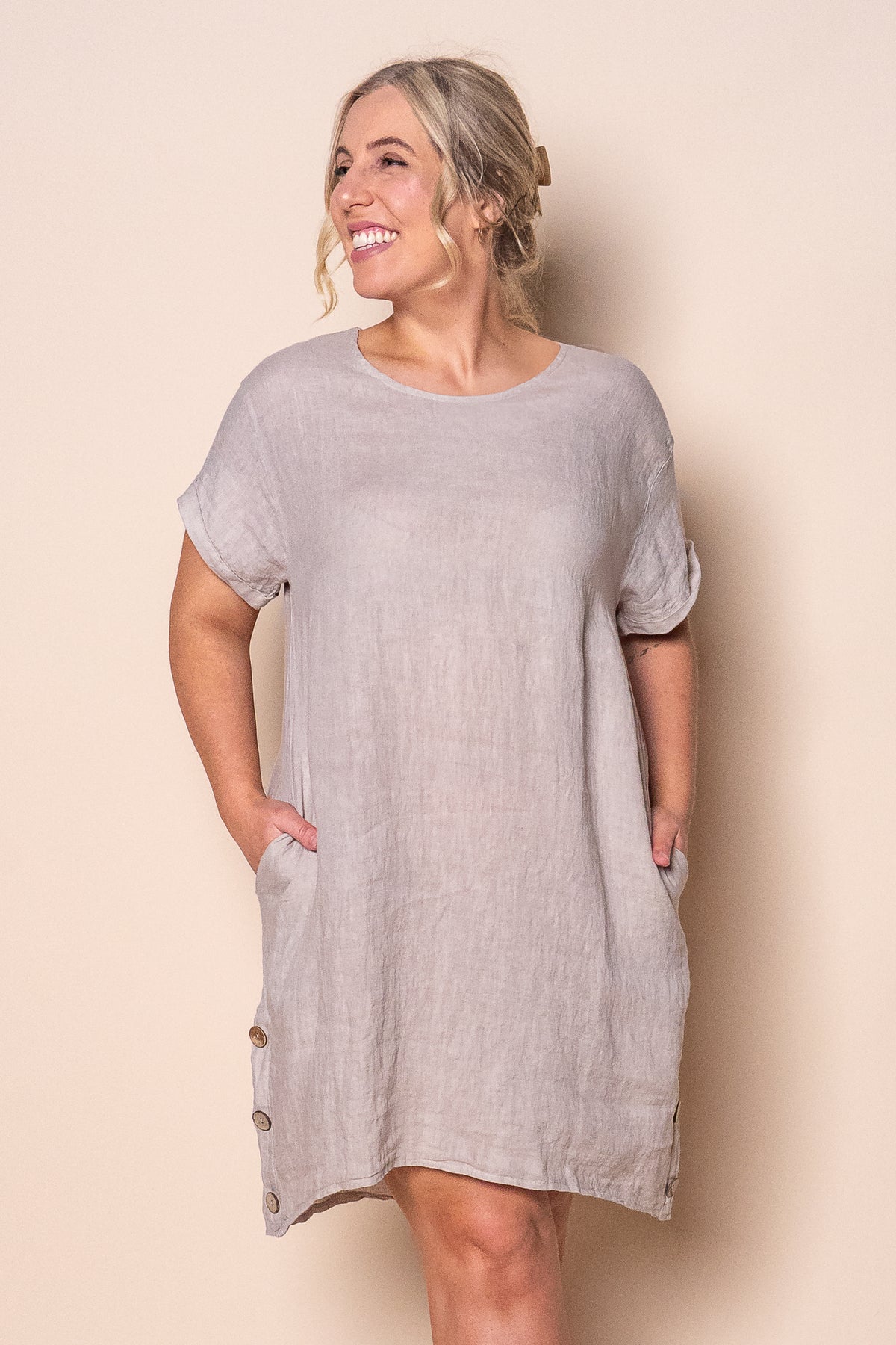 Isha Linen Dress in Light Stone