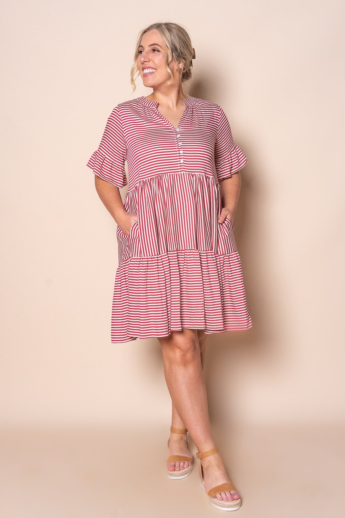 Jilly Striped Dress in Berry Red