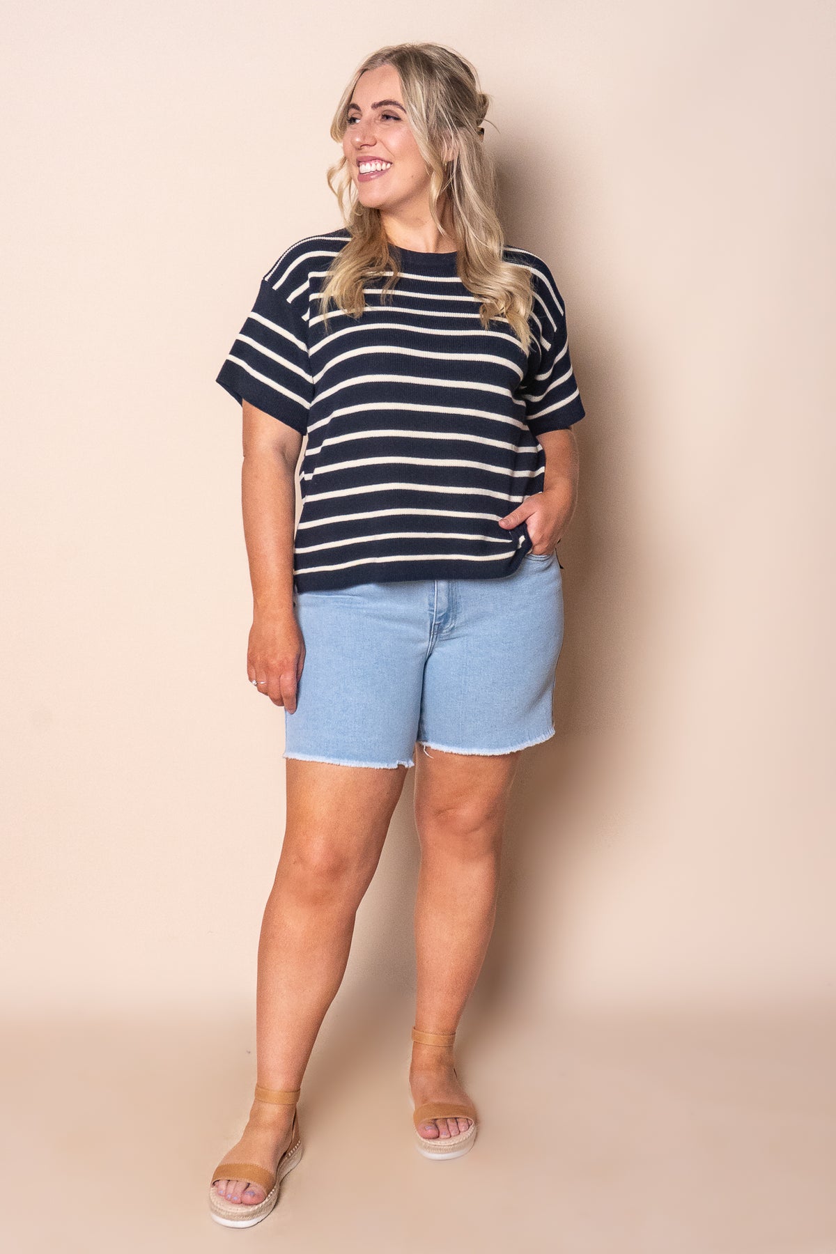 Kiley S/S Striped Knit Top in Navy