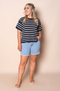 Kiley S/S Striped Knit Top in Navy
