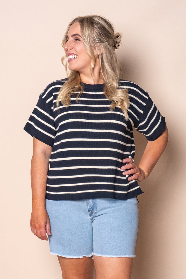 Kiley S/S Striped Knit Top in Navy
