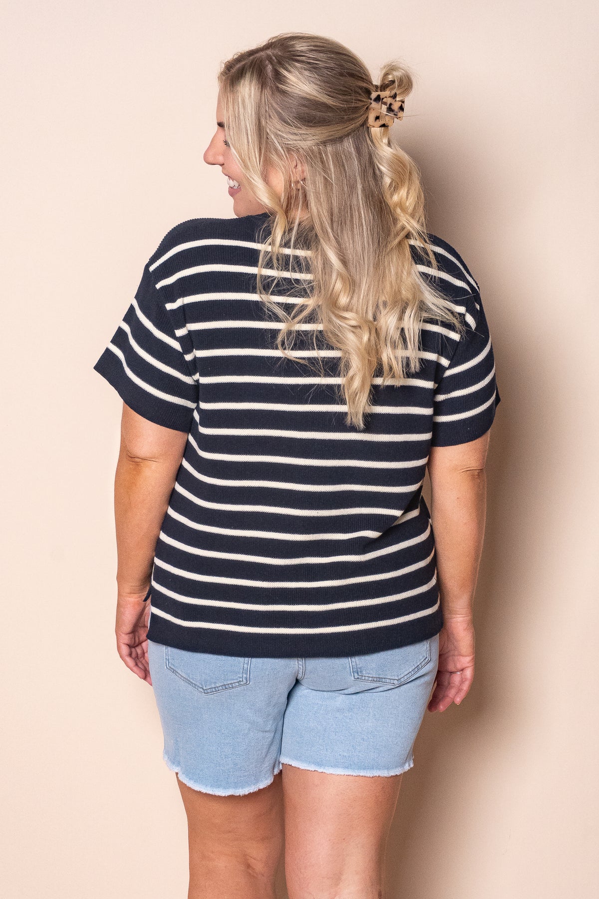Kiley S/S Striped Knit Top in Navy
