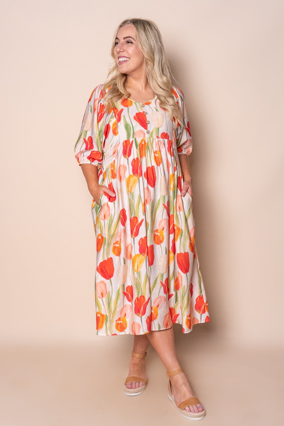 Solita Midi Dress in Beige Multi