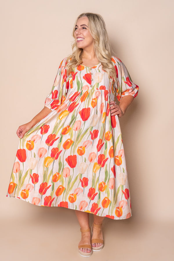 Solita Midi Dress in Beige Multi