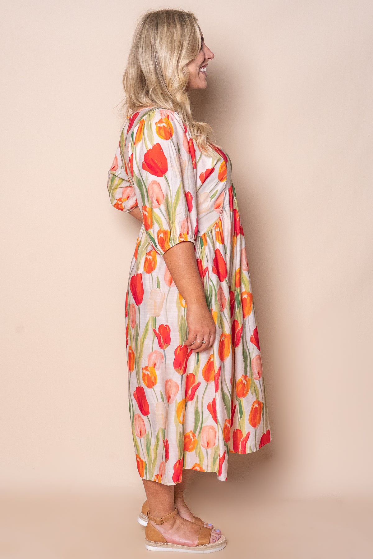 Solita Midi Dress in Beige Multi