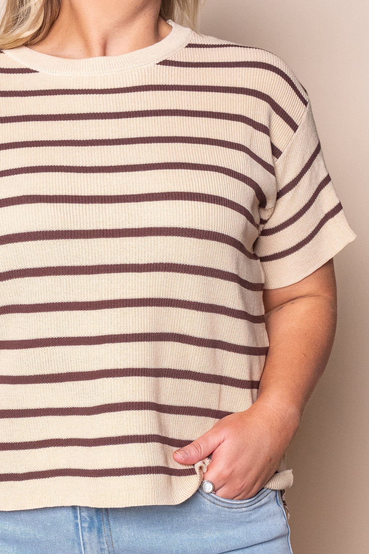 Kiley S/S Striped Knit Top in Nougat