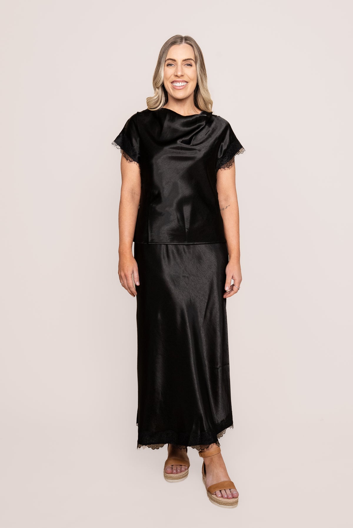 Swan Satin Lace Cowl Neck Top in Black