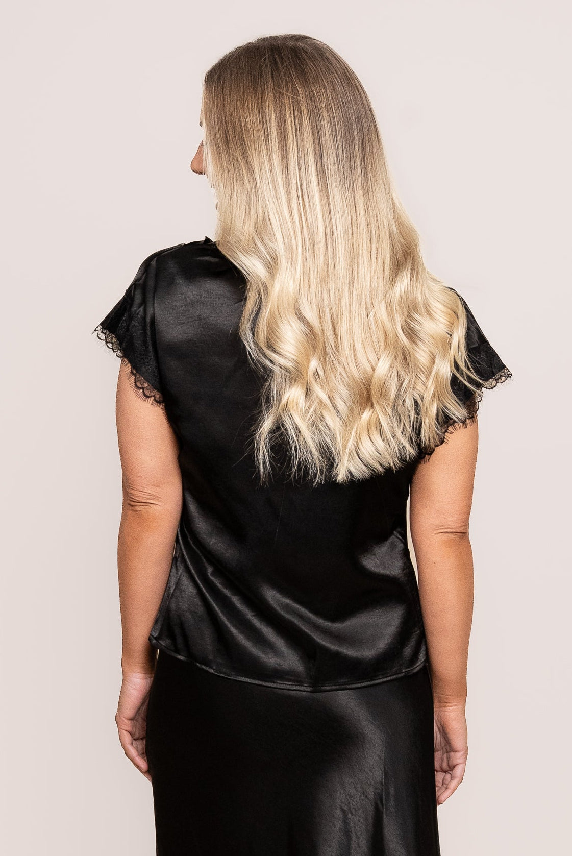 Swan Satin Lace Cowl Neck Top in Black