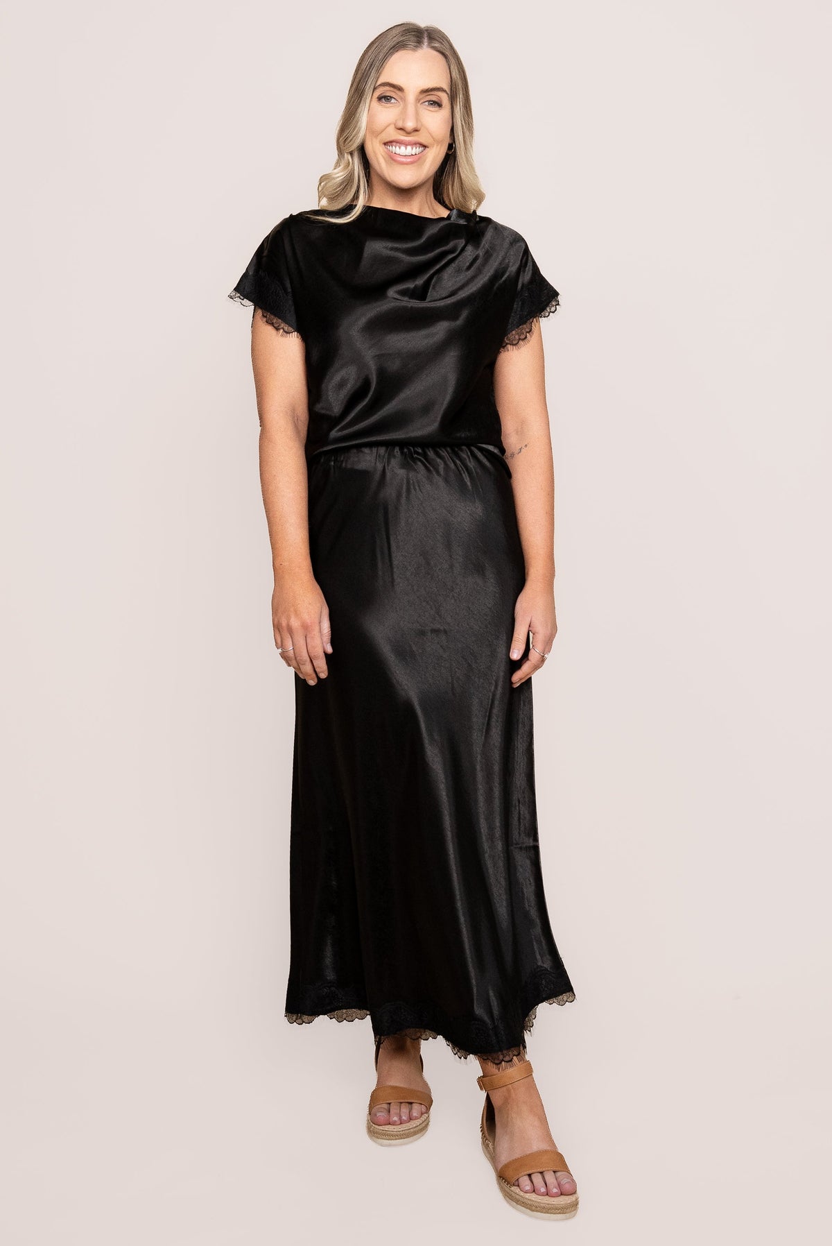 Swan Satin Lace Cowl Neck Top in Black