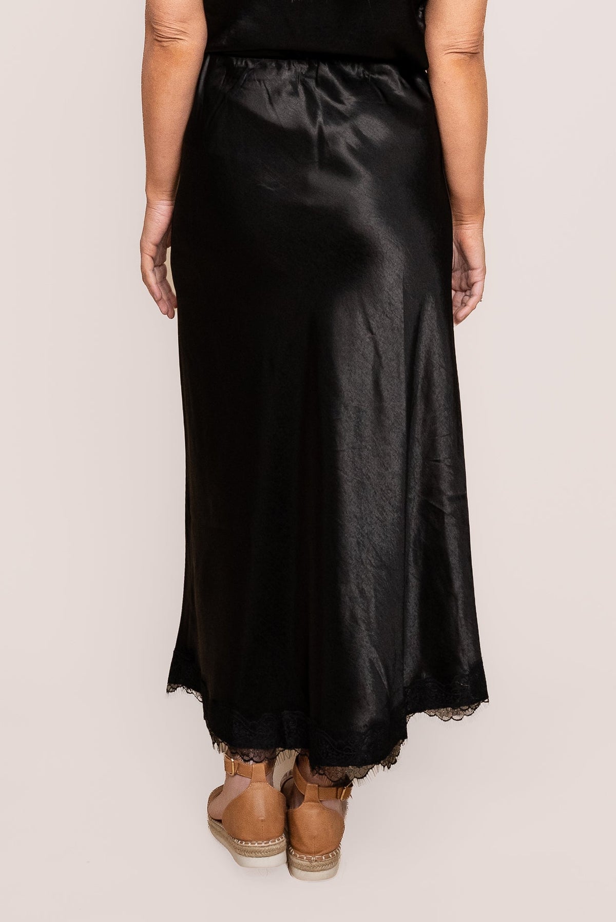 Lake Satin Lace Trim Midi Skirt in Black