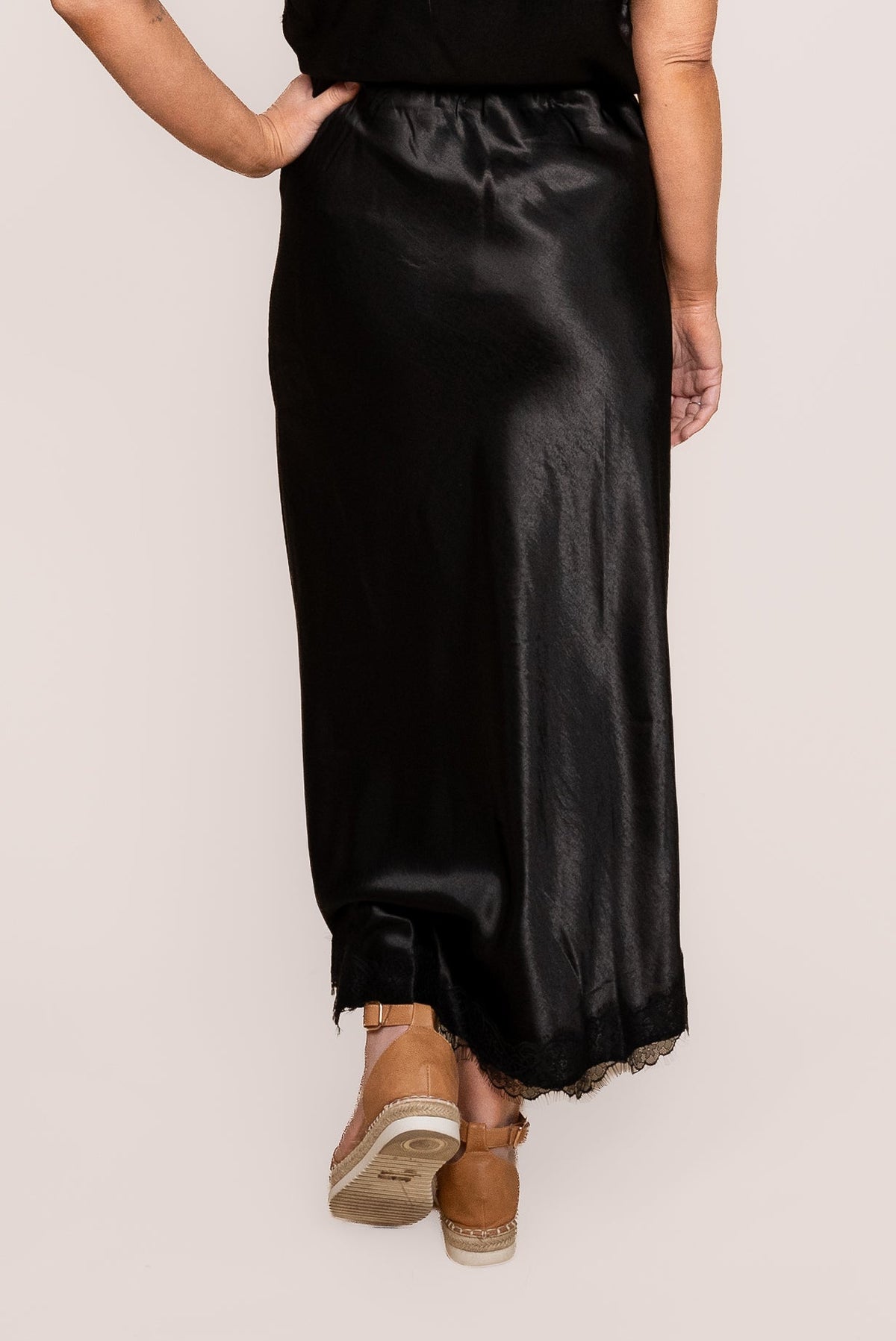 Lake Satin Lace Trim Midi Skirt in Black