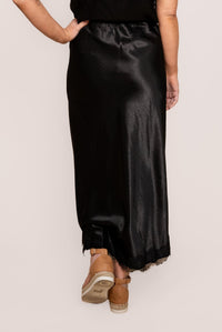 Lake Satin Lace Trim Midi Skirt in Black