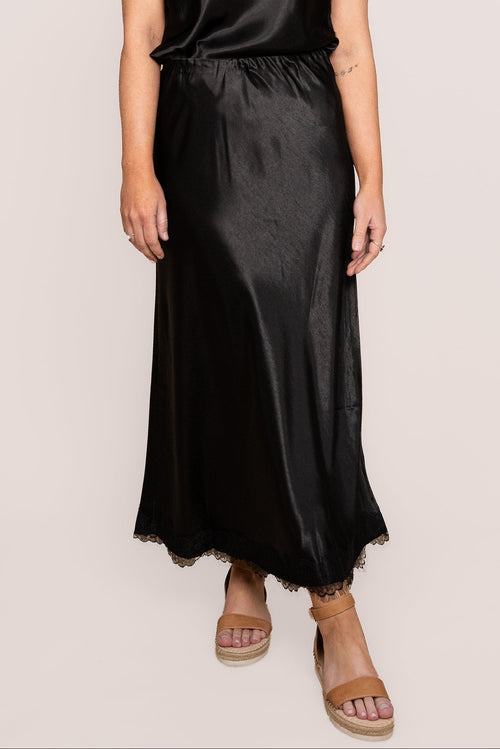 Lake Satin Midi Skirt in Black