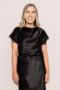 Swan Satin Lace Cowl Neck Top in Black