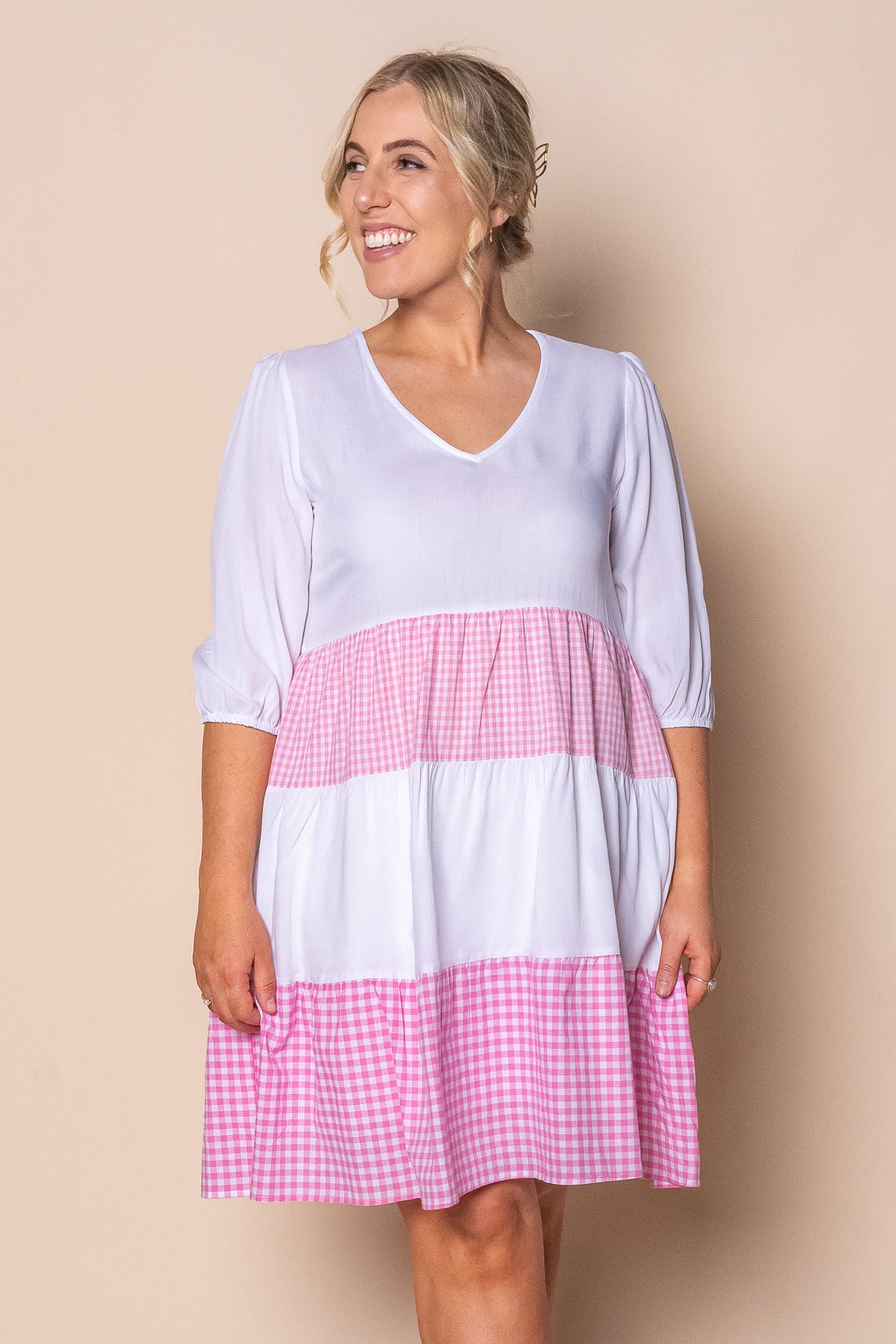 Prunella Checked Dress in White