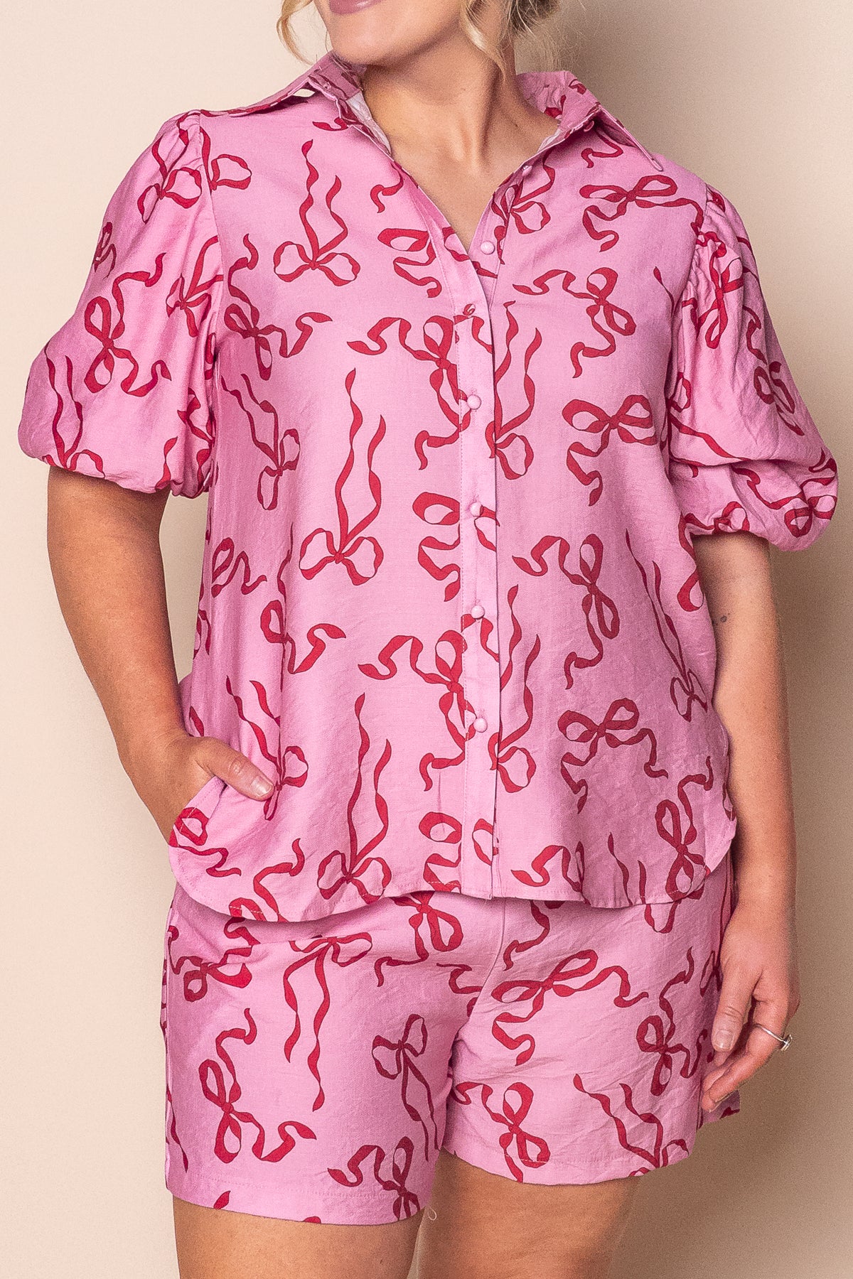 Johanna Bow Ribbon Top in Pink