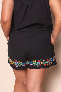 Usha Embroidered Floral Shorts in Black