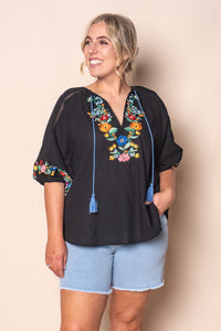 Danique Embroidered Floral Top in Black