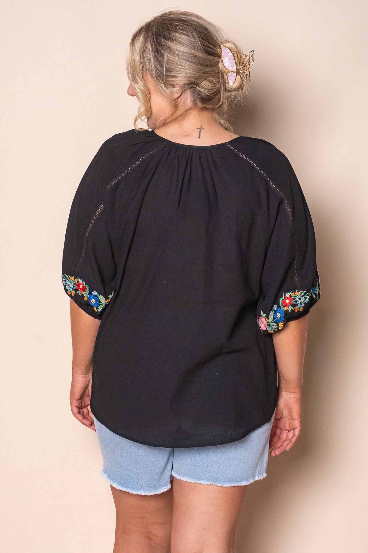 Danique Embroidered Floral Top in Black