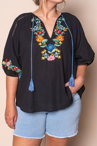 Danique Embroidered Floral Top in Black