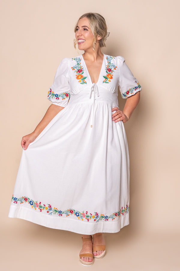 Velvette Embroidered Midi Dress in White