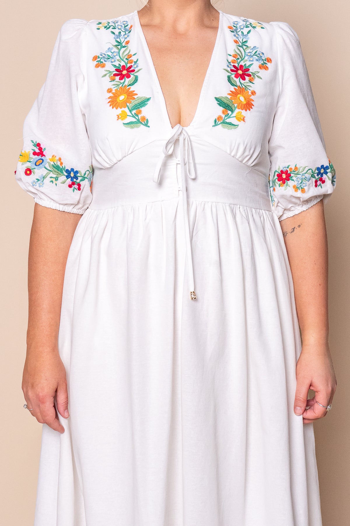 Velvette Embroidered Midi Dress in White