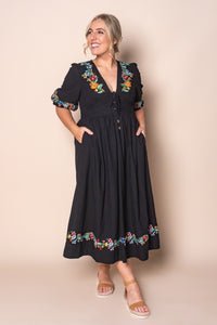 Velvette Embroidered Midi Dress in Black