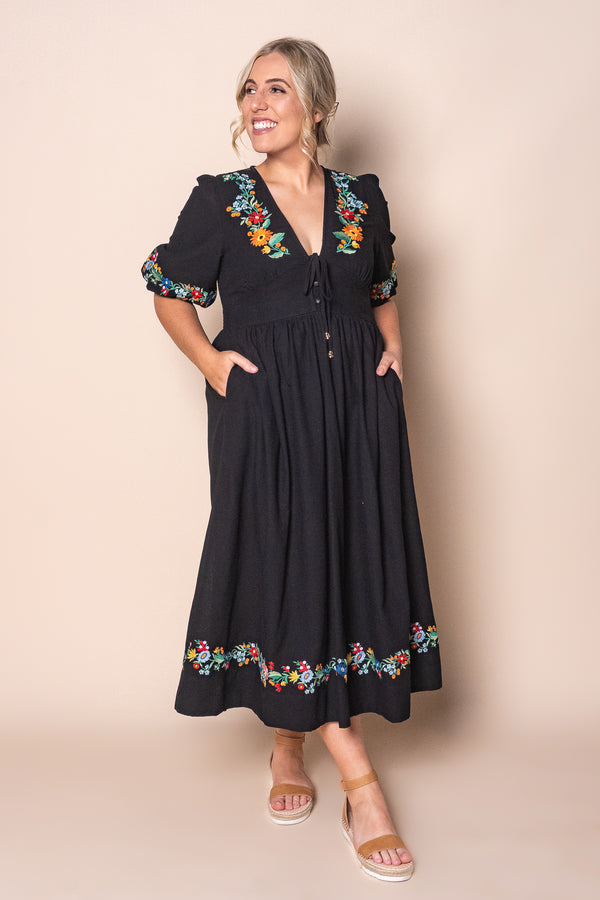 Velvette Embroidered Midi Dress in Black